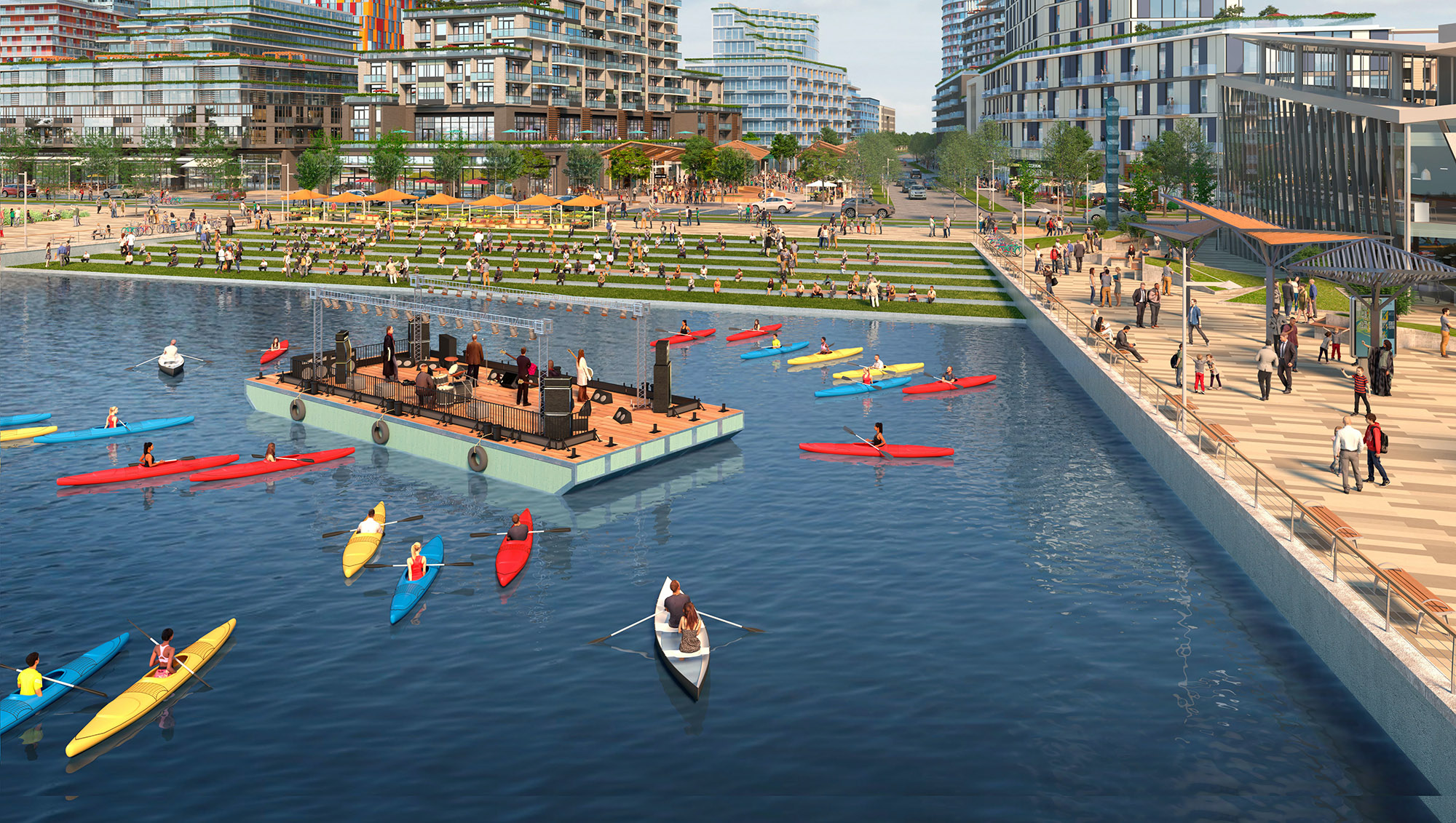 rendering of waterfront with canoes